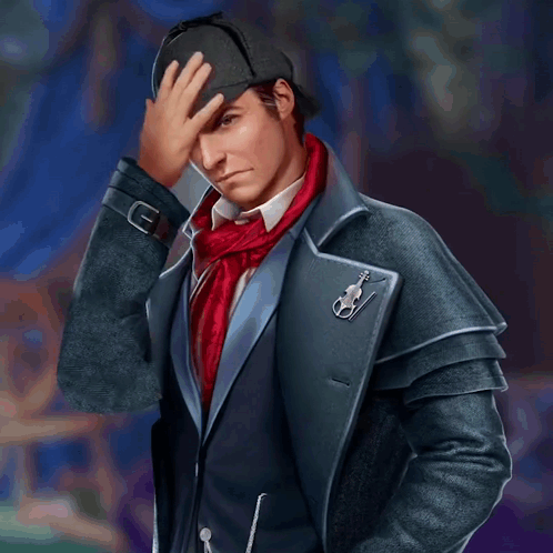 Man in Suit and Red Scarf Hand to Face