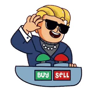 Man in Suit and Sunglasses Buy Sell Sign