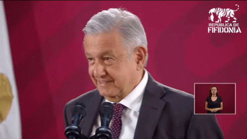 Man in Suit and Tie at Two Microphones With Sign Republica Fifidonia
