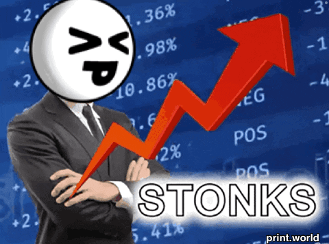 Man In Suit And Tie Holding Red Arrow Saying Stonks GIF