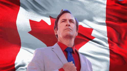 Man In Suit And Tie In Front Of Canadian Flag GIF