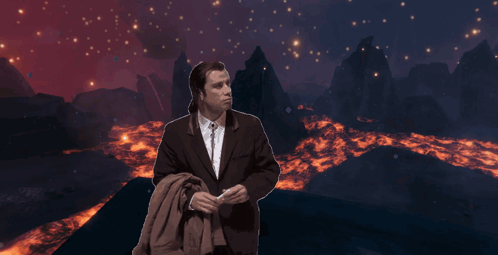 Man in Suit and Tie in Front of Lava Field
