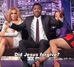 Man in Suit and Tie on Couch With Two Women Did Jesus Forgive