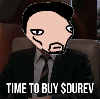 Man in Suit and Tie Saying Time to Buy $durev