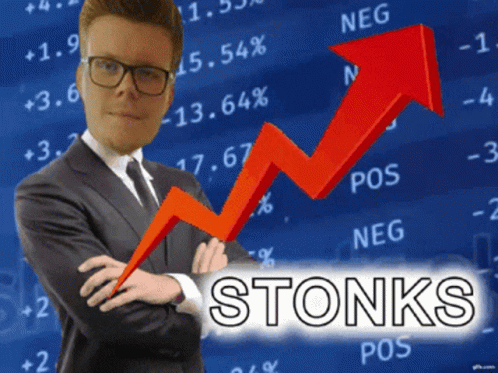 Man in Suit and Tie Stands Before Stonks Graph