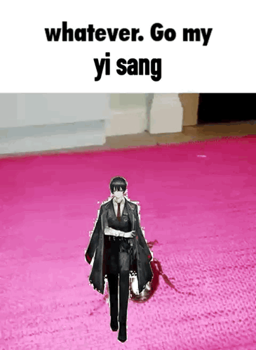 Man in Suit and Tie Walking on Pink Rug Whatever Go My Yi Sang