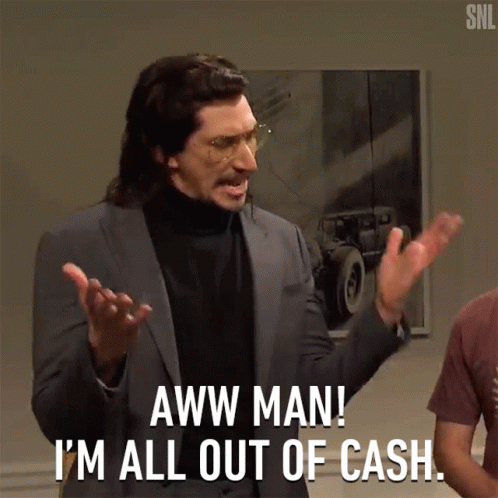 Man in Suit and Turtleneck Saying Out of Cash