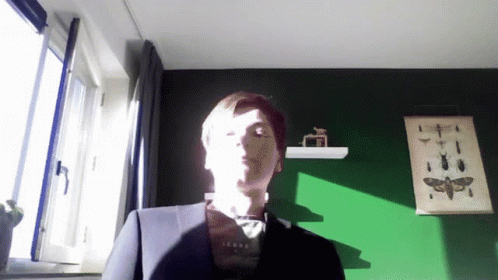 Man In Suit Before Green Insect Wall GIF