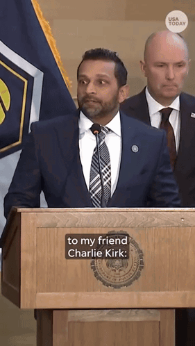 Man In Suit Behind Podium Saying To My Friend Charlie Kirk GIF