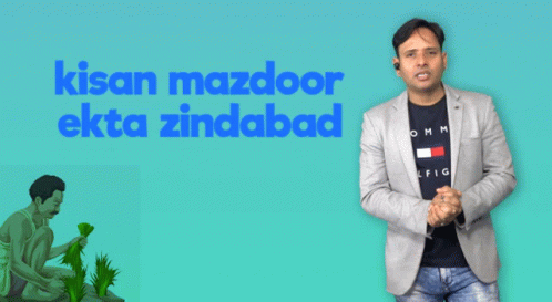 Man in Suit Blue Background Kisan Mazdoor Ekta Zindabad