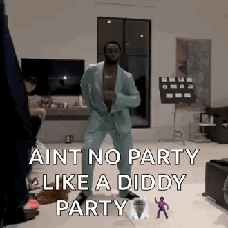 Man in Suit Dancing With Diddy Party Words