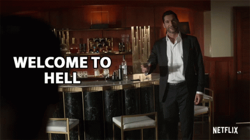 Man in Suit Drinking Glass Welcome to Hell
