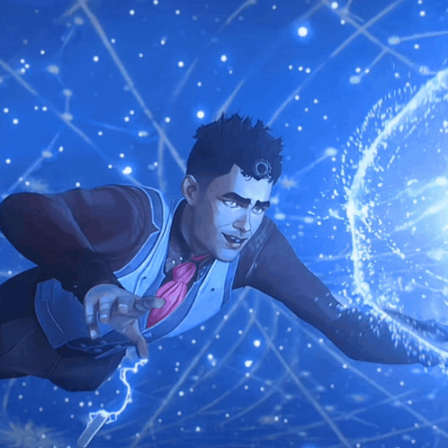 Man In Suit Flying Through Air With Blue Background GIF