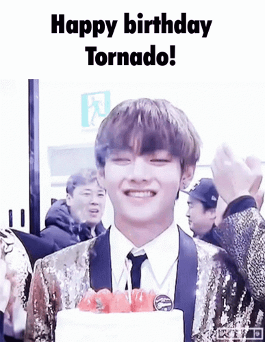 Man in Suit Holding Cake Says Happy Birthday Tornado
