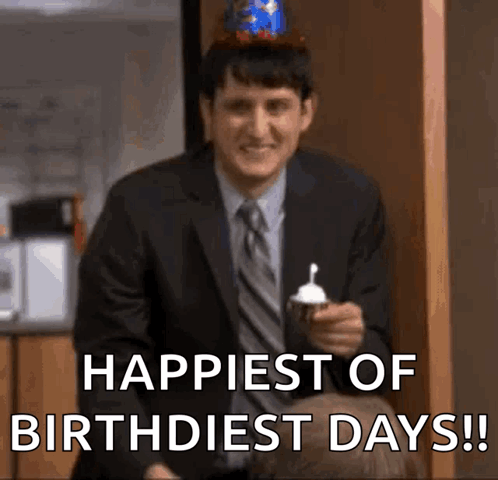 Man In Suit Holding Cupcake Saying Happiest Of Birthdest Days GIF