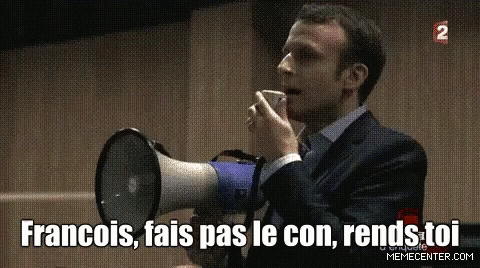 Man In Suit Holding Megaphone Saying Francois, Fais Pas Le Con, Rends Toi GIF