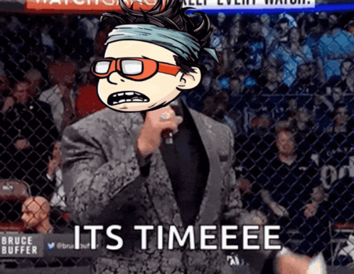 Man in Suit Holding Microphone Saying Its Timeeee