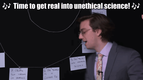 Man in Suit Holding Paper Saying Time to Get Real Into Unethical Science