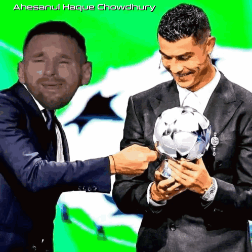 Man in Suit Holding Soccer Ball Beside Crying Man