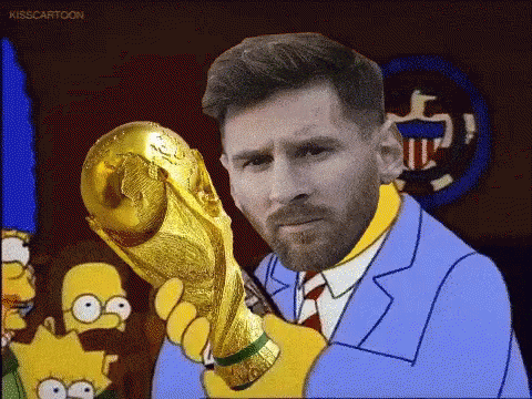 Man in Suit Holding Trophy with Simpsons Characters