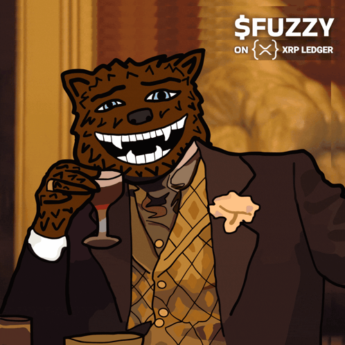 Man In Suit Holding Wine Glass Says $ Fuzzy On XRP Ledger GIF