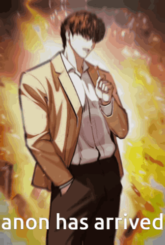 Man In Suit In Front Of Fire Anon Has Arrived GIF