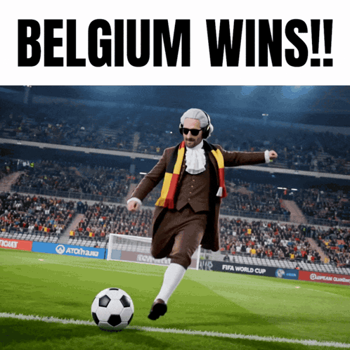 Man in Suit Kicking Soccer Ball Belgium Wins