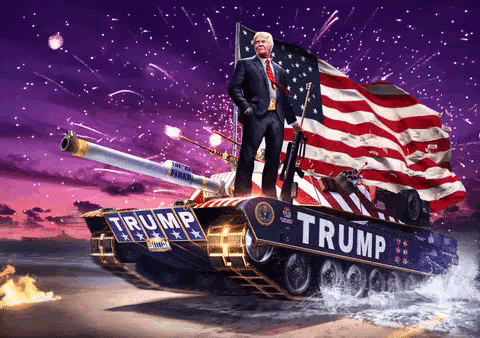 Man in Suit on Tank Saying Trump