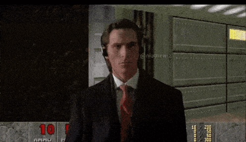 Man in Suit Playing Video Game with 10