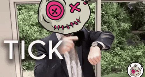 Man in Suit Pointing at Watch With Cartoon Head and Pink Button
