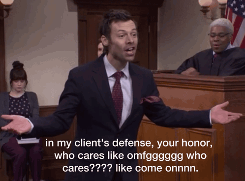 Man in Suit Says In My Client's Defense