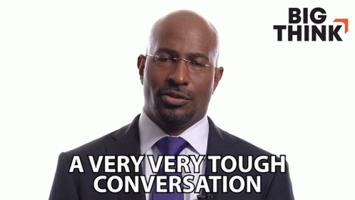 Man in Suit Says Very Very Tough Conversation Big Think Logo