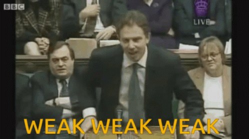 Man In Suit Says Weak Weak Weak In Yellow Letters GIF