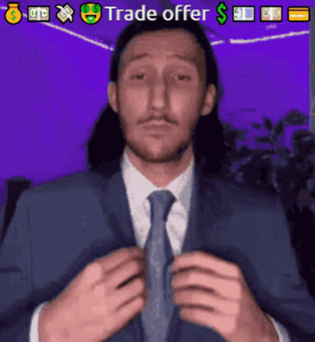 Man In Suit Standing Before Trade Offer Screen GIF