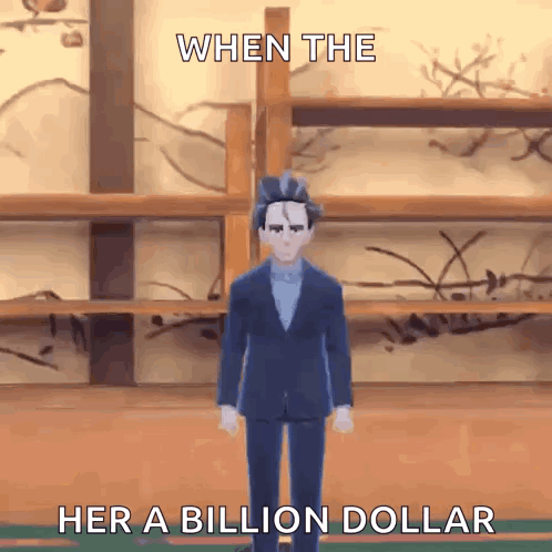 Man In Suit Standing In Front Of Shelf Saying When The Her A Billion Dollar GIF