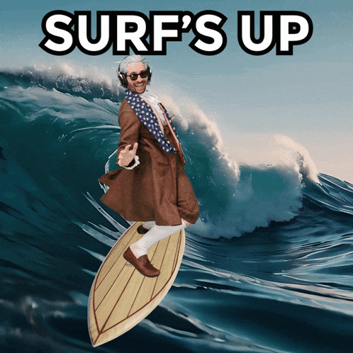Man in Suit Surfing Wave Saying Surf's Up