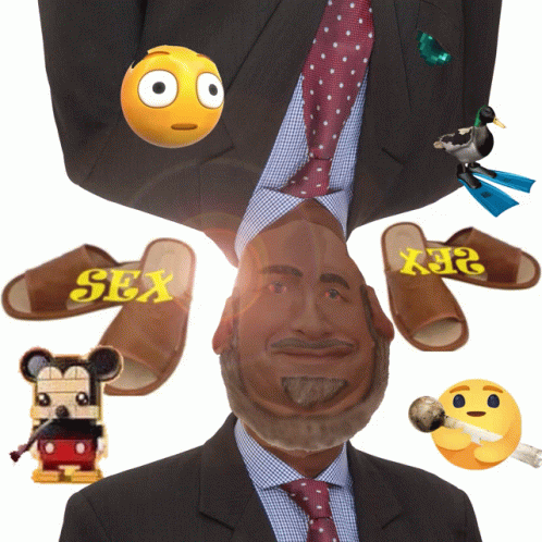 Man in Suit Surrounded by Emoji and Slippers Saying Sex
