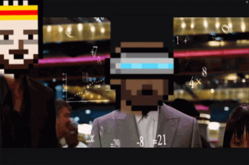 Man In Suit Surrounded By Pixel Faces And Numbers GIF