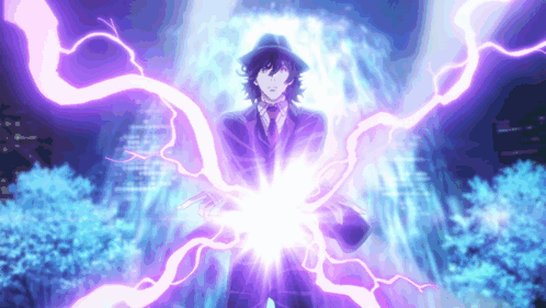 Man in Suit Surrounded by Purple Lightning