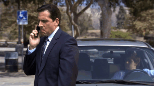 Man in Suit Talking on Cell Phone Near Handicapped Sign