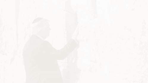 Man in Suit Touching Stone Wall with American Flag