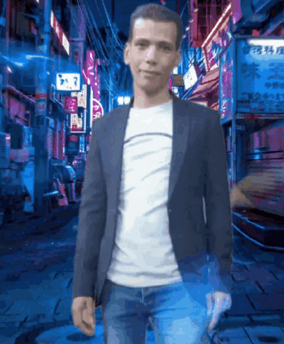 Man in Suit Walking Street with Chinese Signs