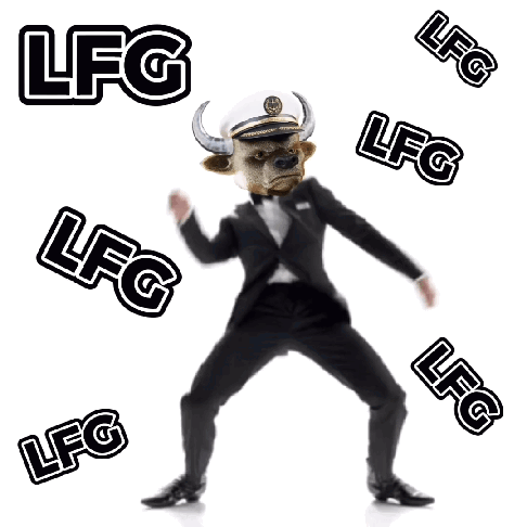 Man in Suit With Bull's Head Surrounded by LFG Logos
