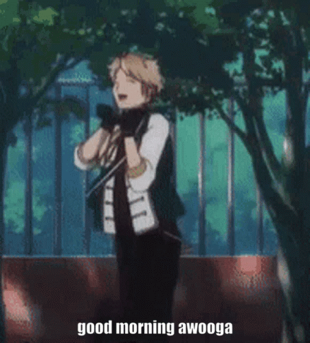 Man in Suit with Good Morning Awooga Sign