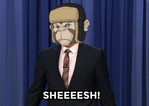 Man In Suit With Monkey Mask Saying Sheeesh GIF