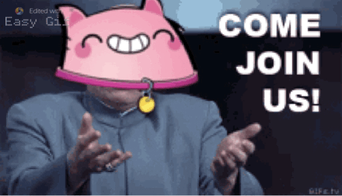 Man in Suit With Pink Cat Saying Come Join Us