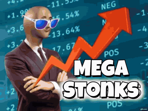 Man in Suit With Red Arrow Saying Mega Stonks