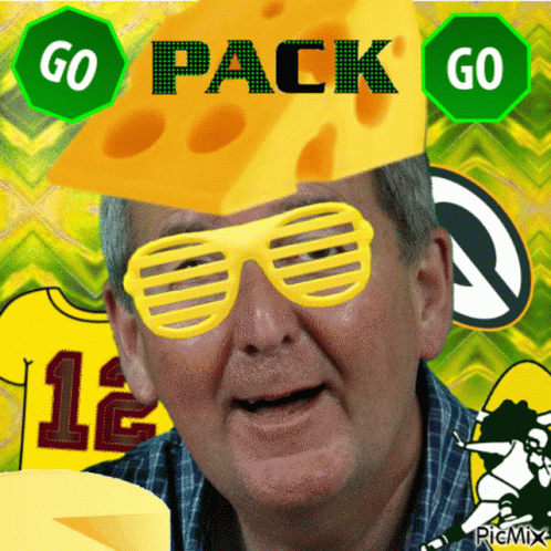 Man In Sunglasses And Cheese Hat Saying Go Pack Go GIF