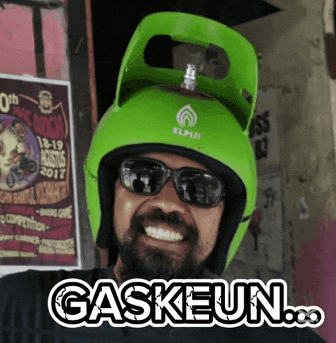 Man In Sunglasses And Green Helmet Saying Gaskeun GIF