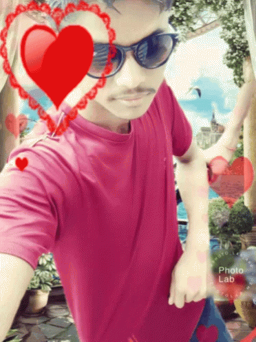Man in Sunglasses and Pink Shirt Surrounded by Hearts
